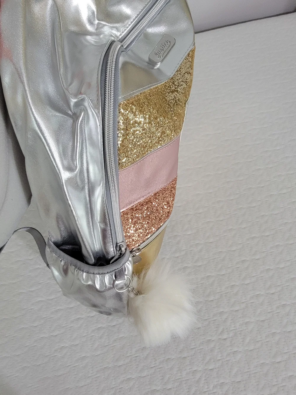 Justice Girls Glitter Stripe Backpack - Silver, Gold, Pink